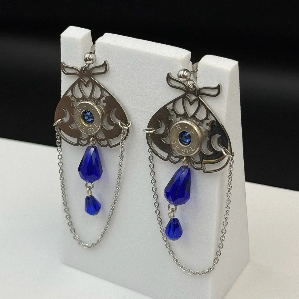 Vintage Womens silver Tone Chain‎ Blue Beaded Fashion Dangle/Drop Earrings